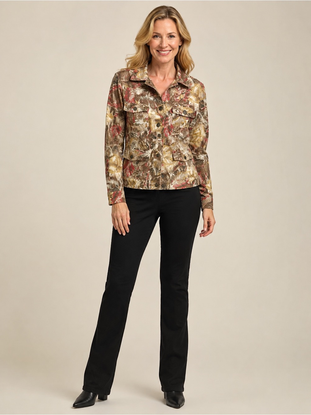 Chico's Multicolor Leaf-Print Jean Jacket — Brown, Cream, Red, Gold